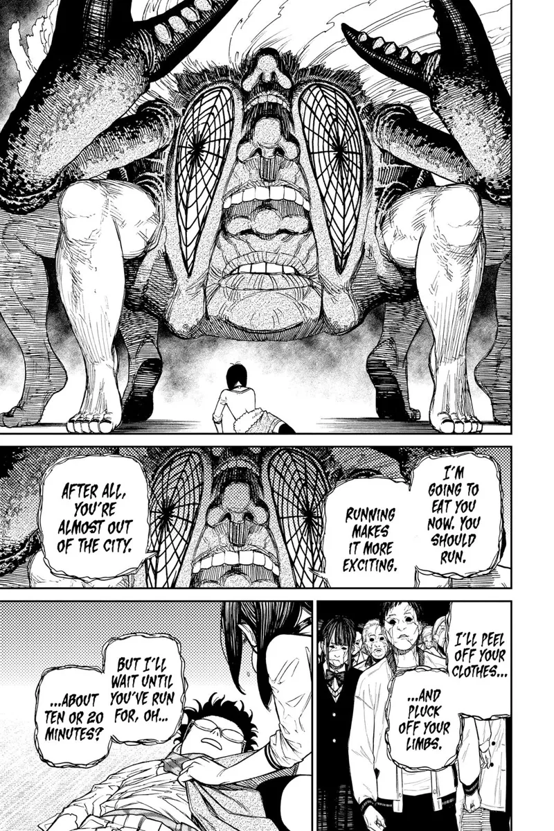 The crab transforms into an ugly creature with human legs and crab pincers. Momo tends to Okarun, who is unconscious.