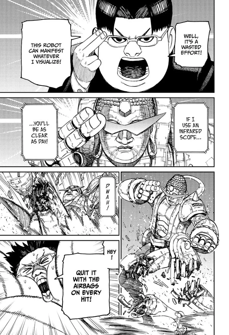 Kinta manifests his visualization to the robot, but the robot's leg gets crushed.