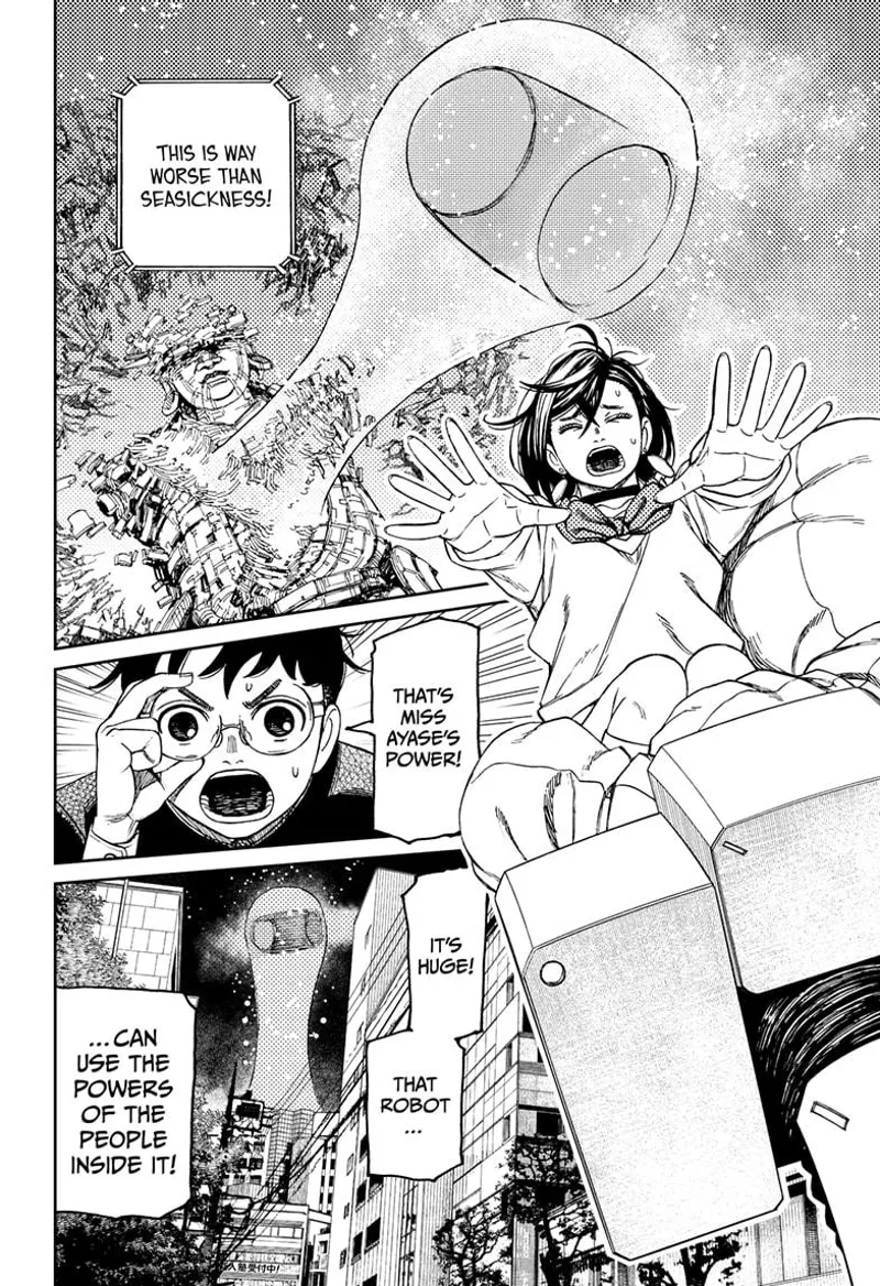 Okarun sees Momo's powers projected by the robot.