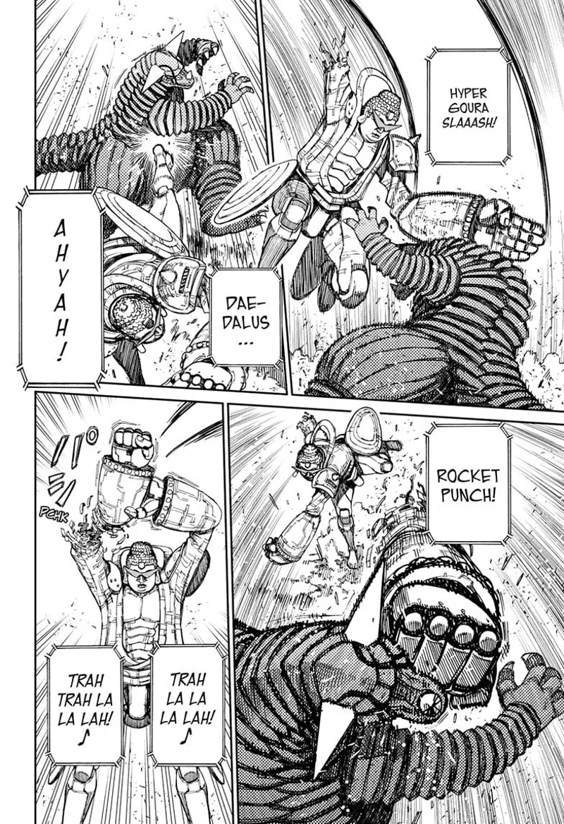 The robot lands a series of powerful attacks at the Kaiju.