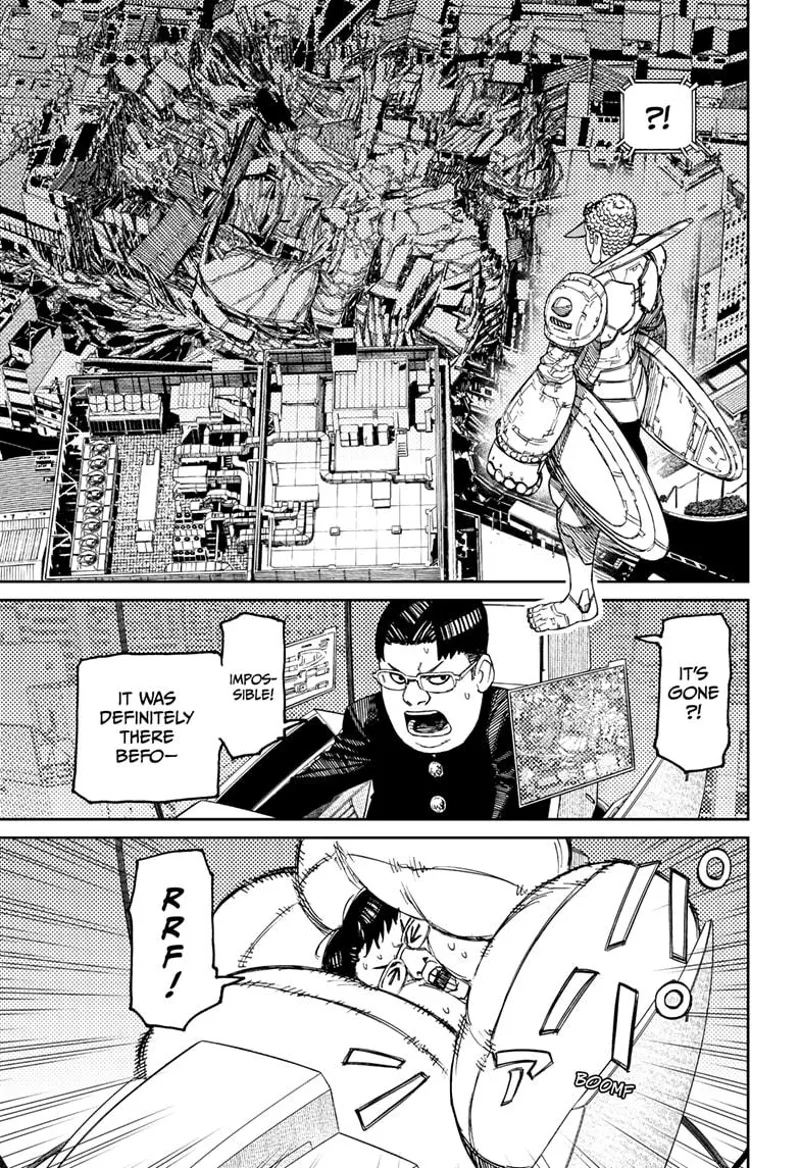 The robot stands beside ground zero. Kinta discovers the robot disappearing. His cushion bag activates.