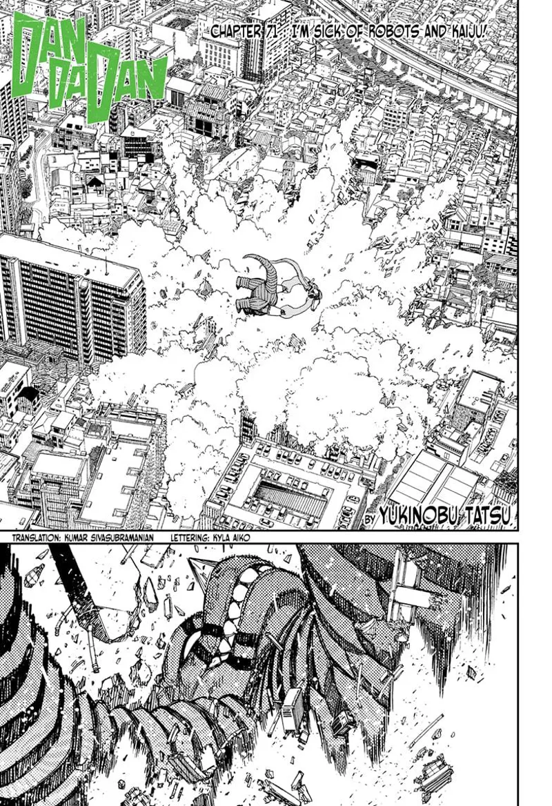 Dusts and debris scatter everywhere as the robot smashes the Kaiju powerfully into the ground.