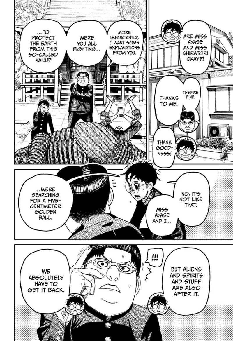 Okarun explains to Kinta that they are looking for a five-centimeter golden ball that aliens and spirits are also after.