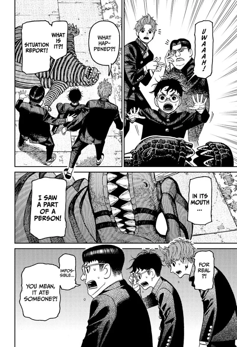 Okarun is surprised after inspecting the Kaiju's mouth, saying he saw a human body part inside.