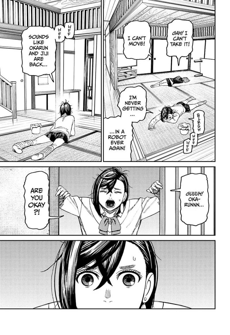 Momo and Aira are on the floor, seasick after riding the robot. He goes outside and is shocked.