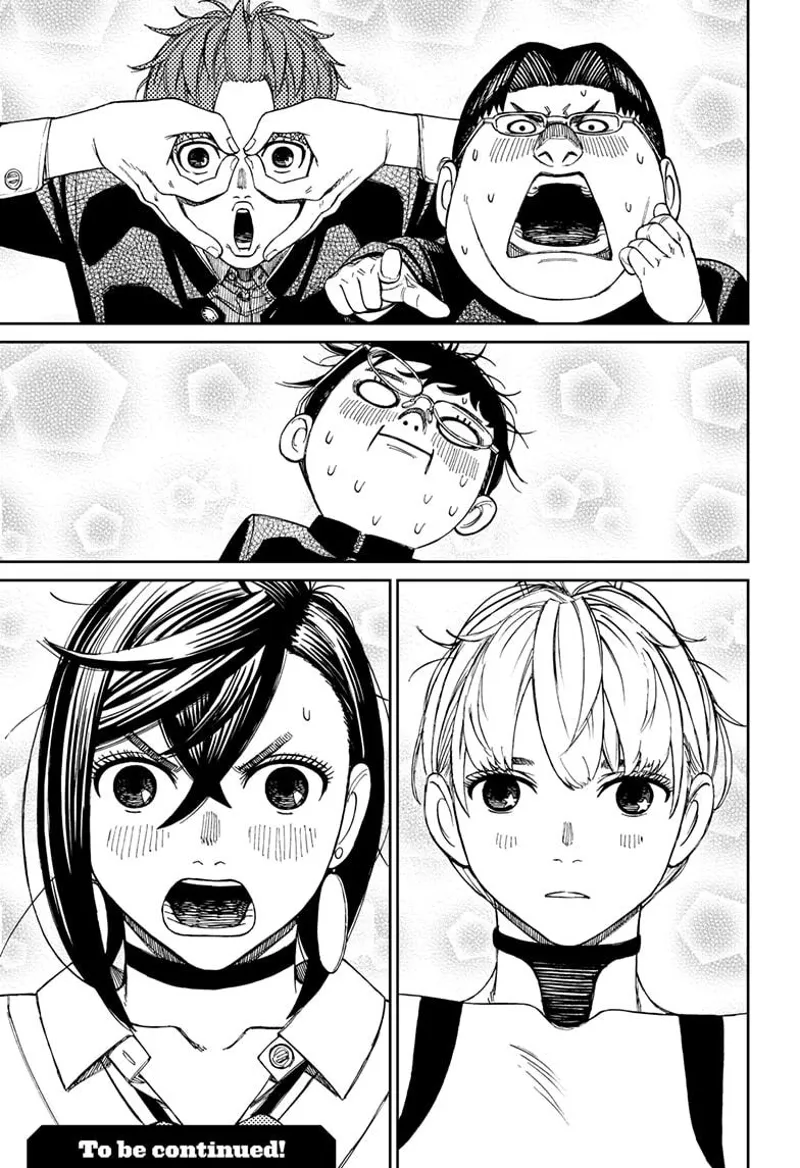 Kinta, Jiji, and Momo are shocked at what they see. Okarun looks strained.