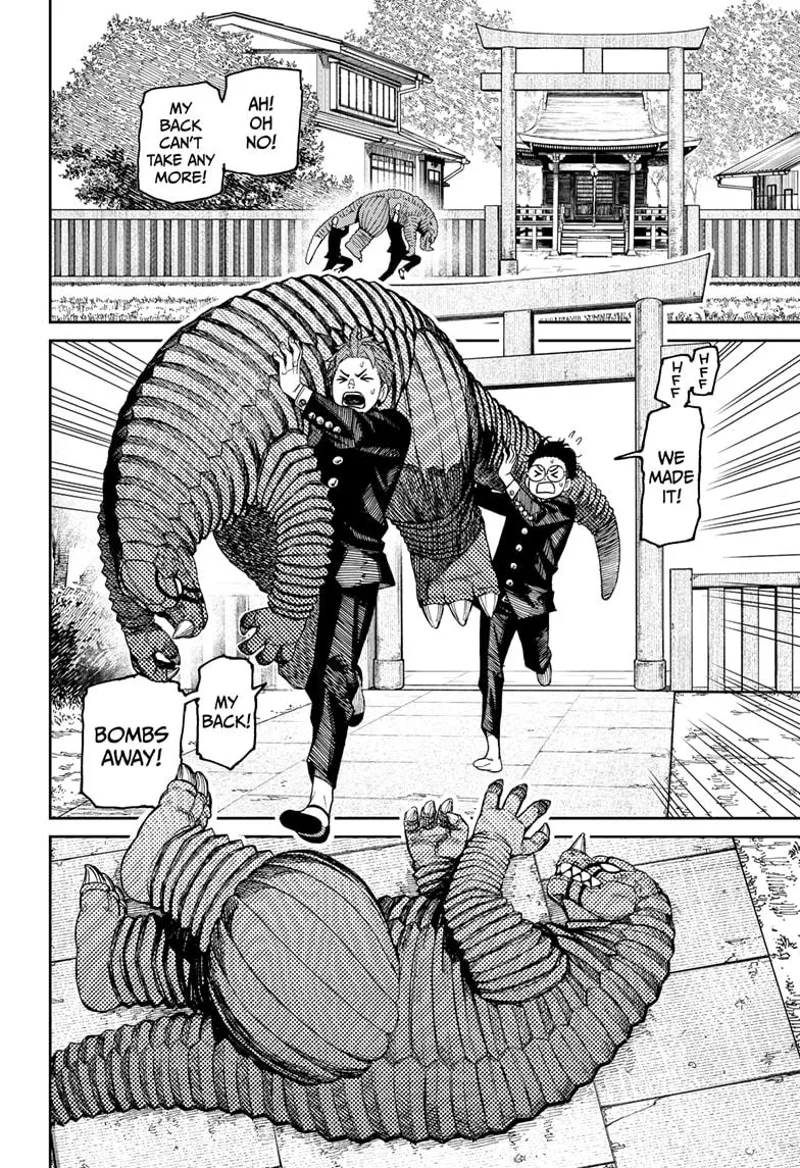 Momo and Jiji run while carrying the small Kaiju.