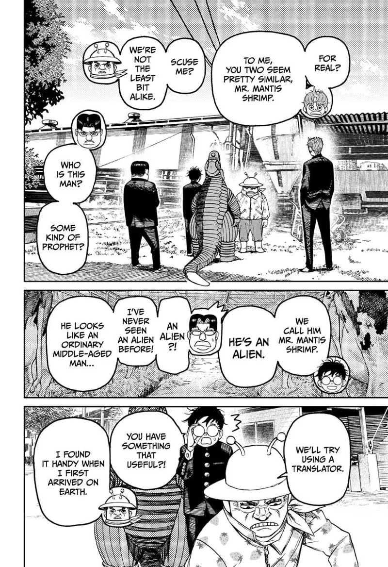 They introduce the woman to another alien, Mr. Mantis Shrimp. Mr. Shrimp suggests a translator.