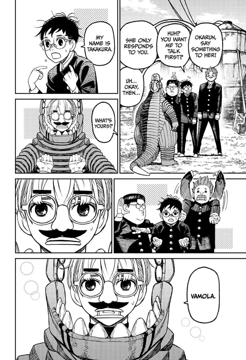 Okarun introduces himself as Takakura. The alien woman inside a Kaiju costume responds, saying she is "Vamola."