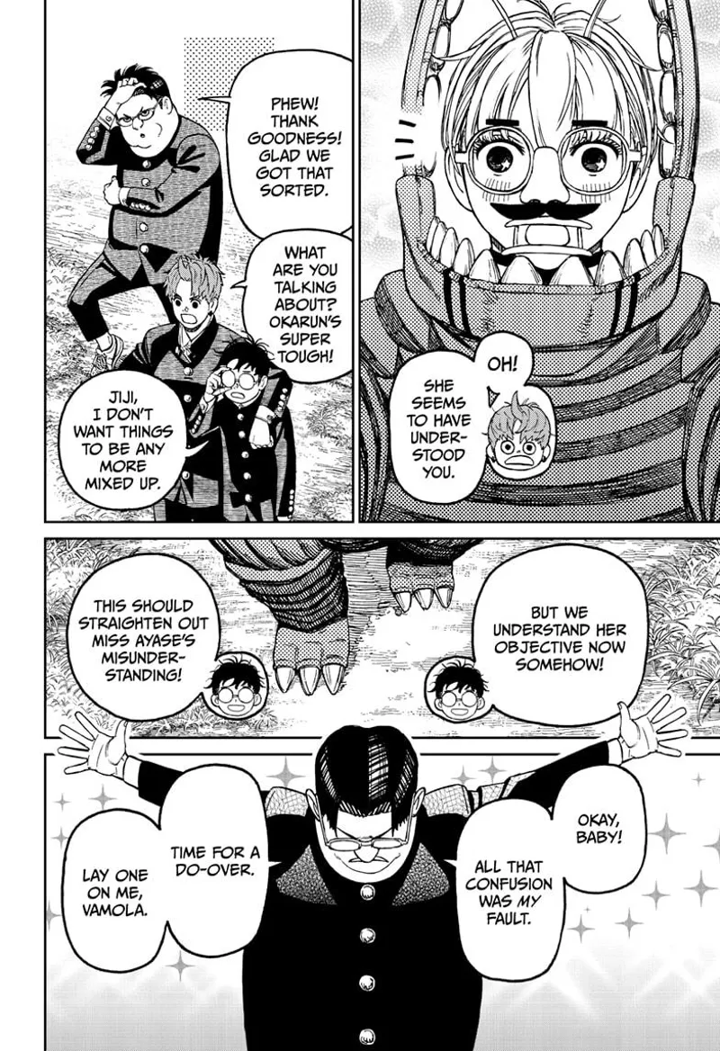 Okarun and Jiji is glad they somehow understand Vamola. Kinta spreads his arm wanting hug Vamola.