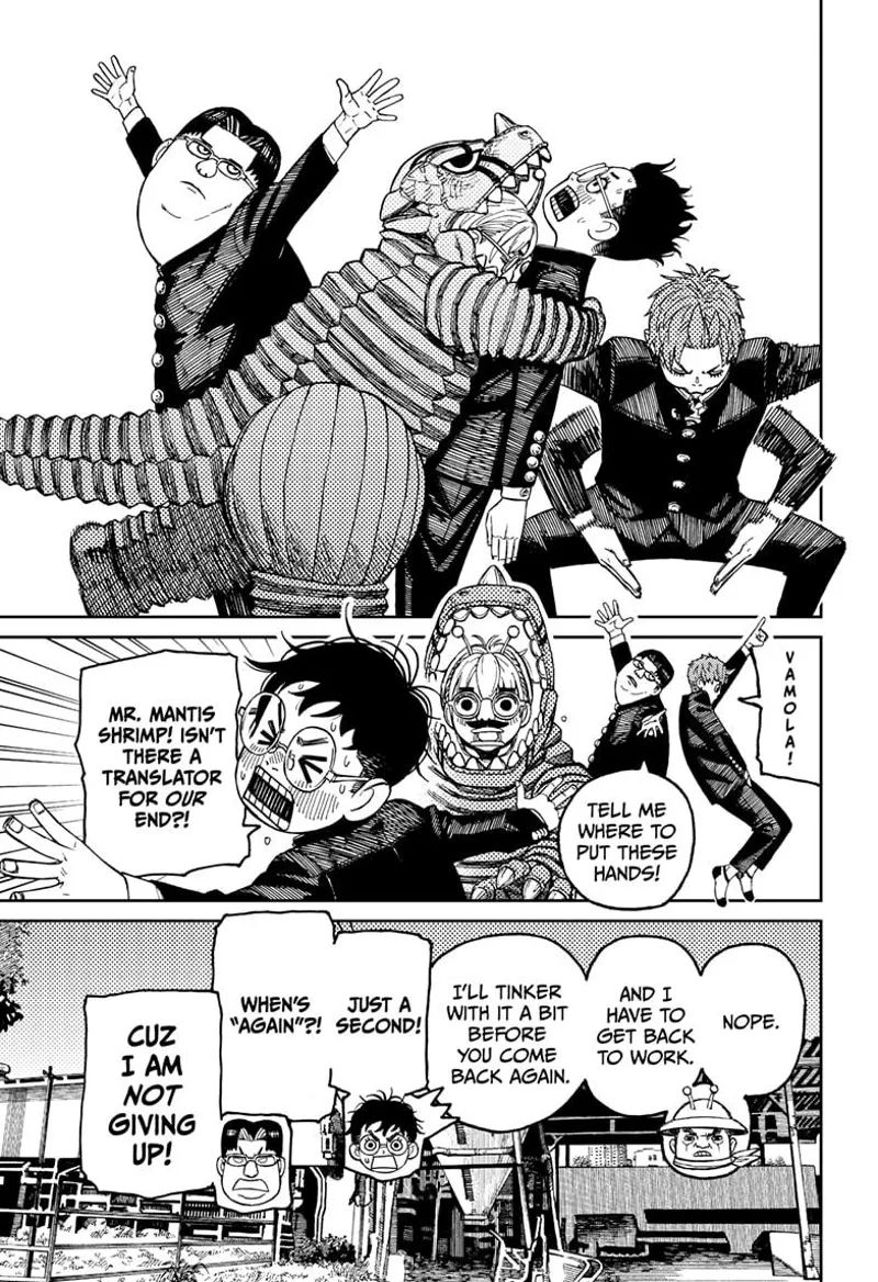 Vamola hugs Okarun. Jiji and Kinta make poses for Vamola. Mr. Shrimp gets back to work.