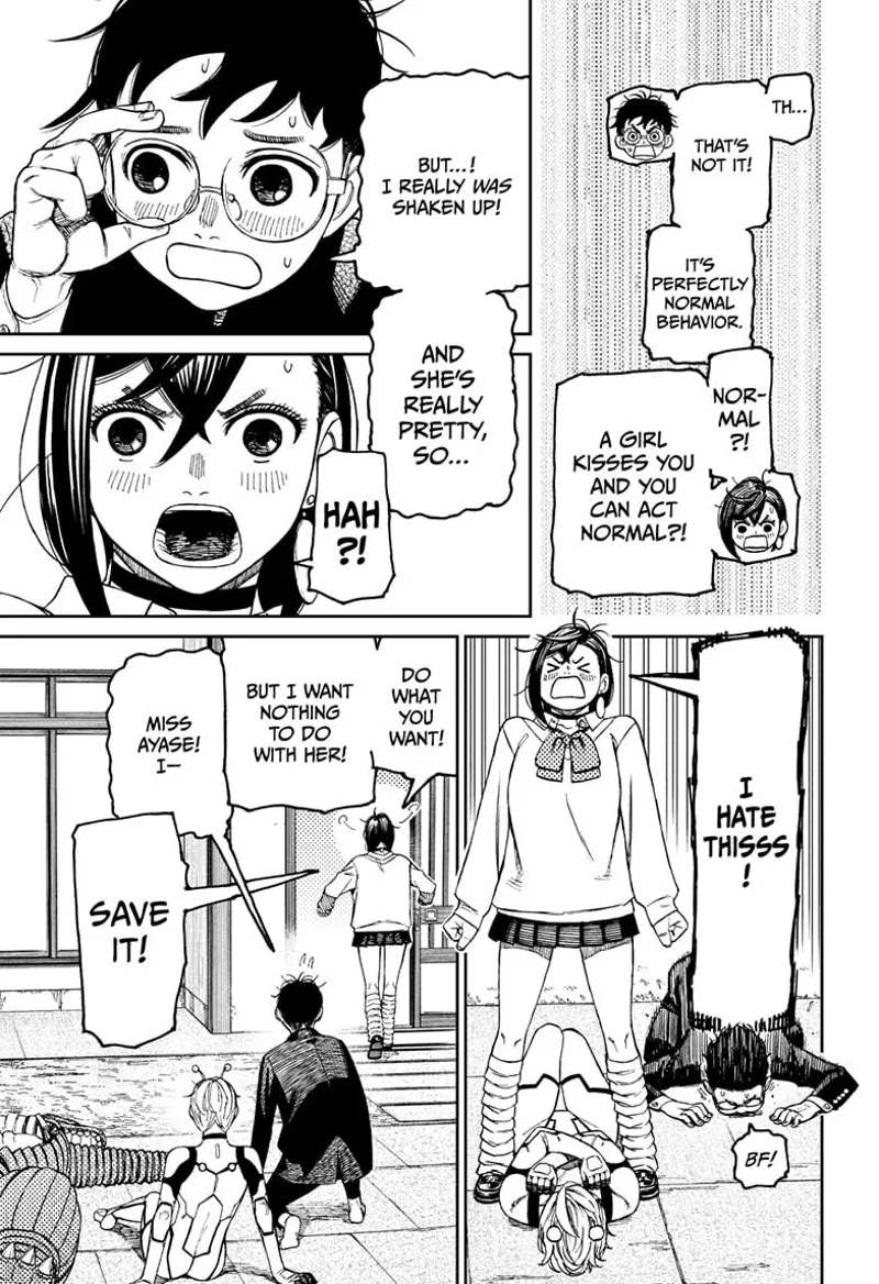 Momo stands up and gets angry. She enters the house while Okarun bows to the ground and asks for forgiveness.