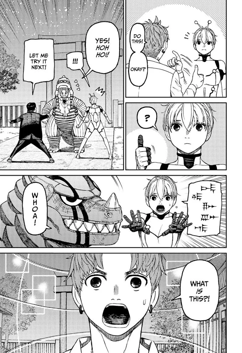 Jiji goes inside the Kaiju and pilots it. Vamola signals him to stop. Jiji is surprised.