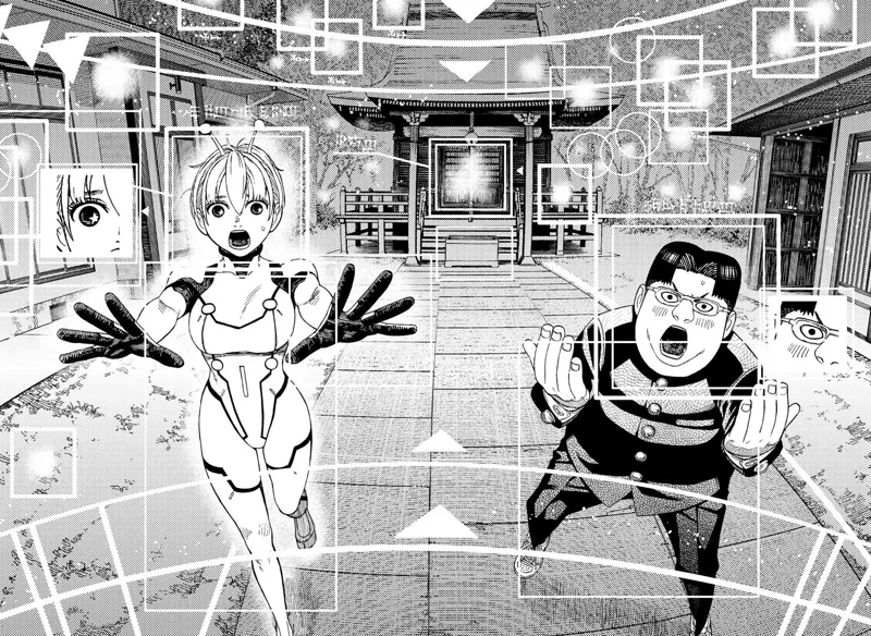 Jiji sees Kinta and Vamola before him. The Kaiju suit analyses the surroundings by putting them in squares and circles.