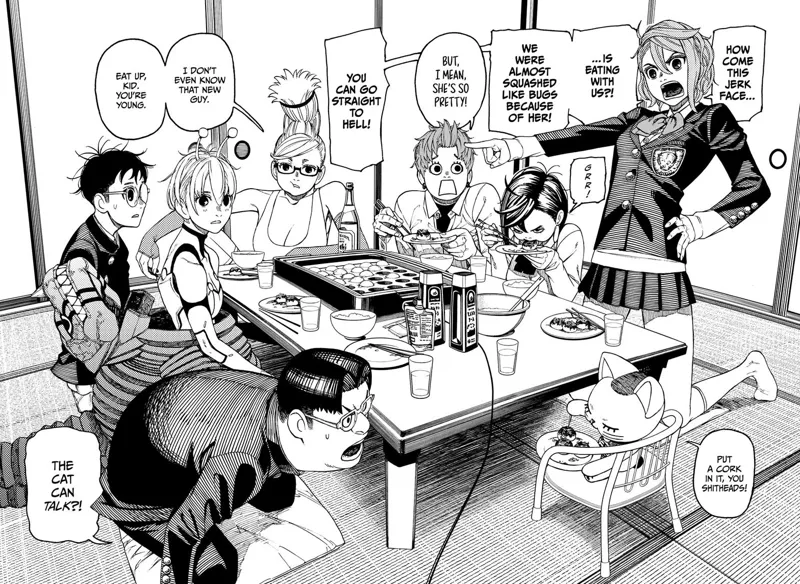 The gang is eating. Aira argues over Vamola's eating with them. Kinta is shocked about the talking cat, Turbo Granny.