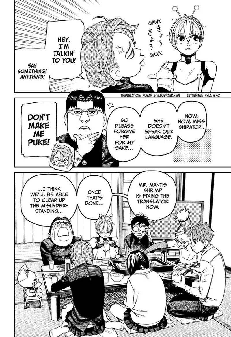 Aira keeps berating Vamola. Kinta defends Vamola, but Aira chastises him. They continue eating.