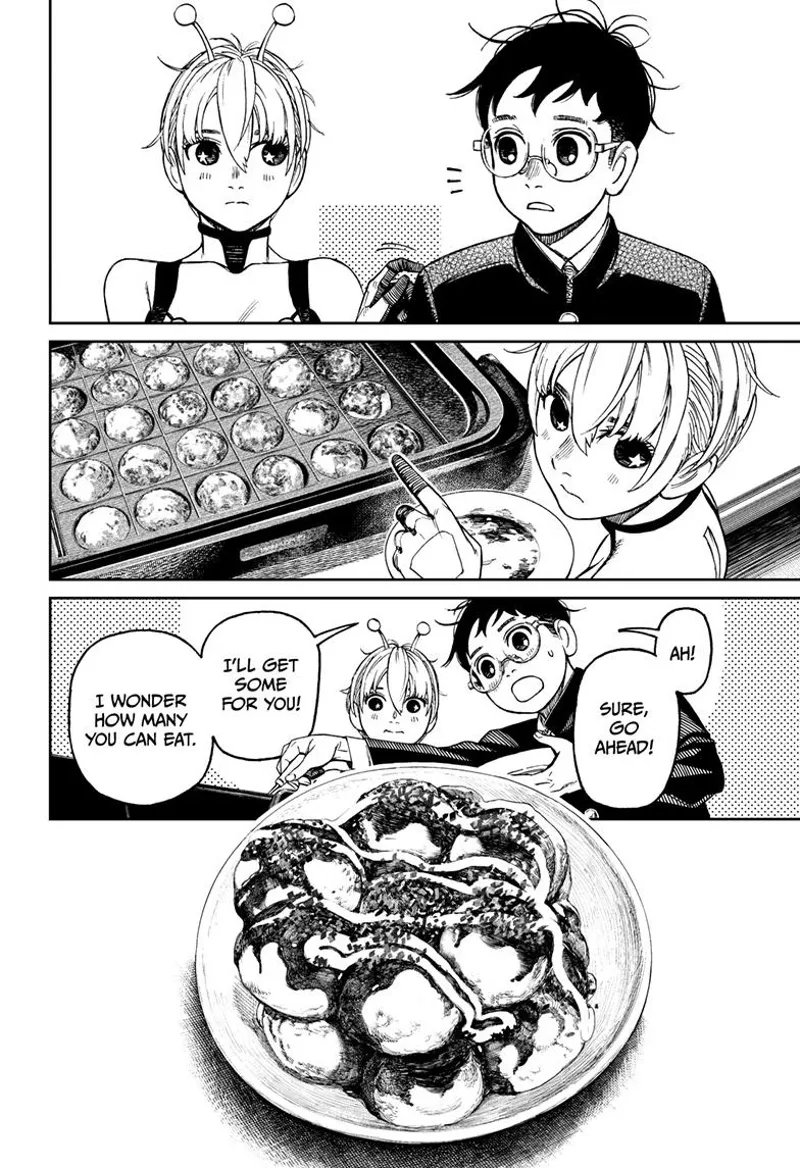 Vamola looks at Okarun, who gives her more Takoyaki.