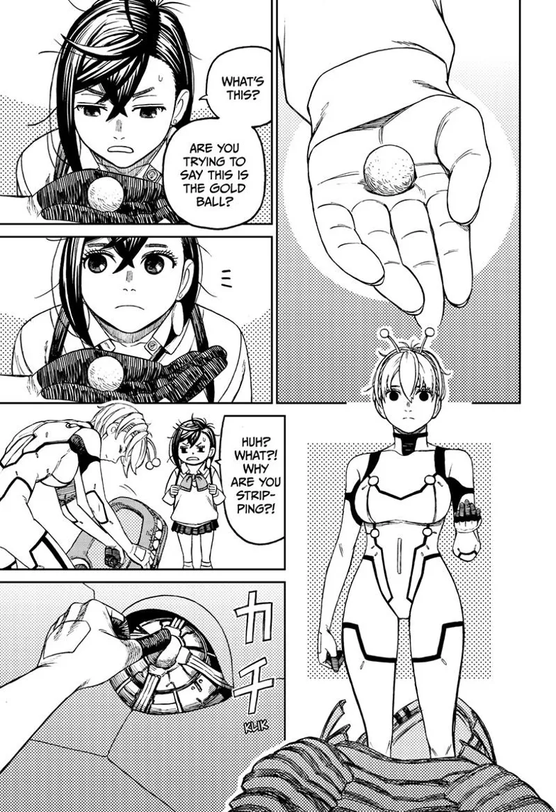 Momo sees a small ball on Vamola's palm. Vamola switches to her alien uniform and plugs the ball into the Kaiju suit.