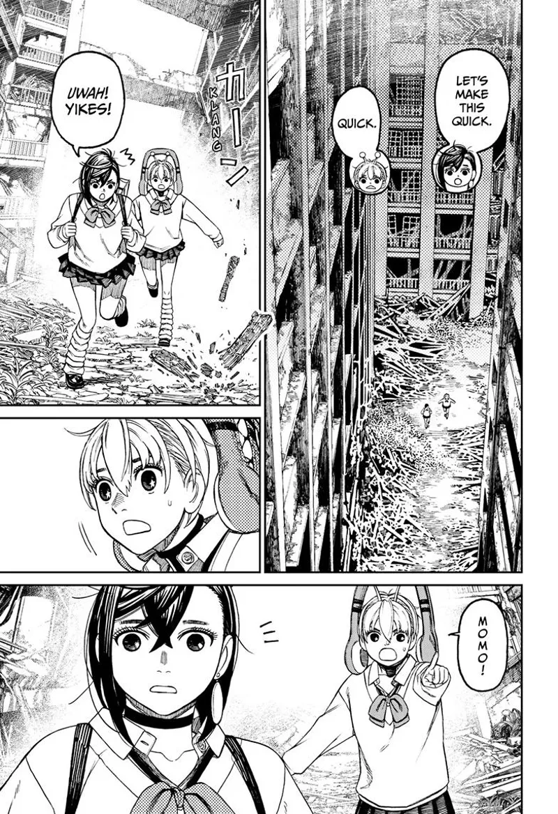 Momo and Vamola start running but suddenly stop after debris falls before them.