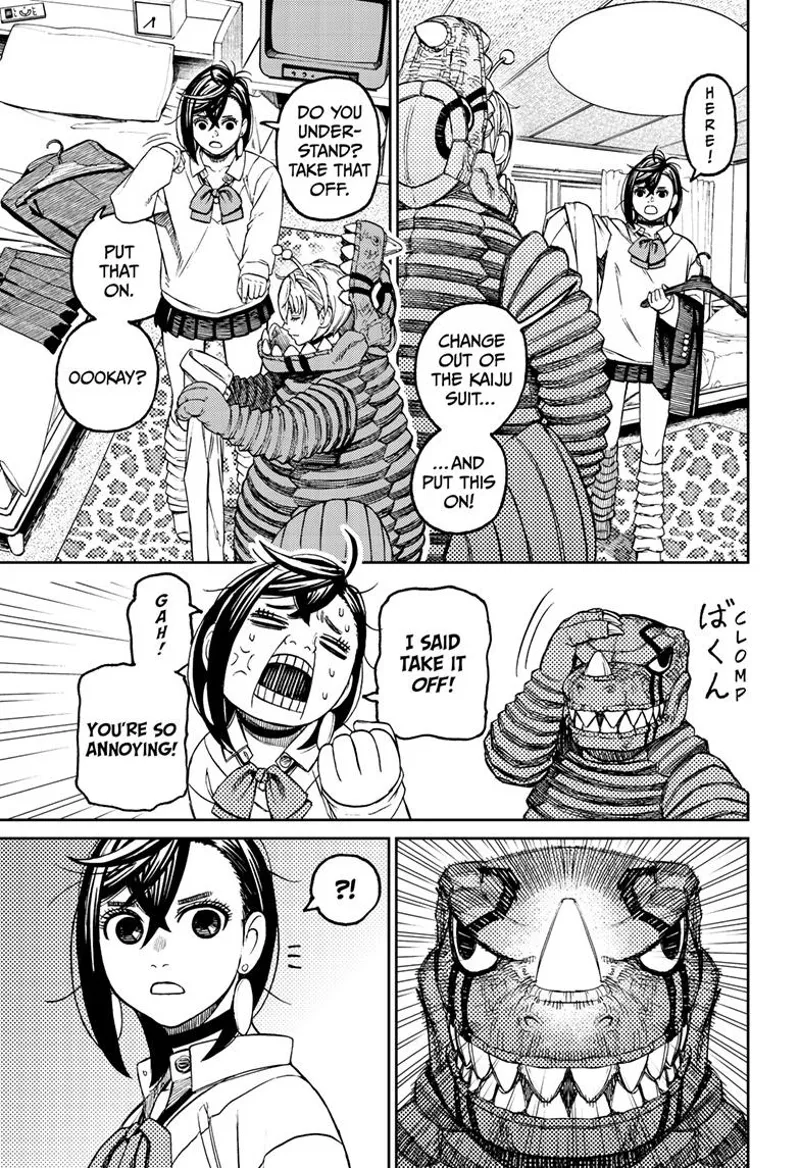 Momo tells Vamola to wear clothes. Vamola takes the clothes inside his Kaiju suit. Momo is pissed but sees a light inside.