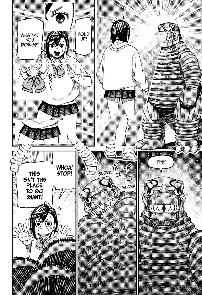 Momo panics as Vamola scans her, and her Kaiju suit starts transforming.