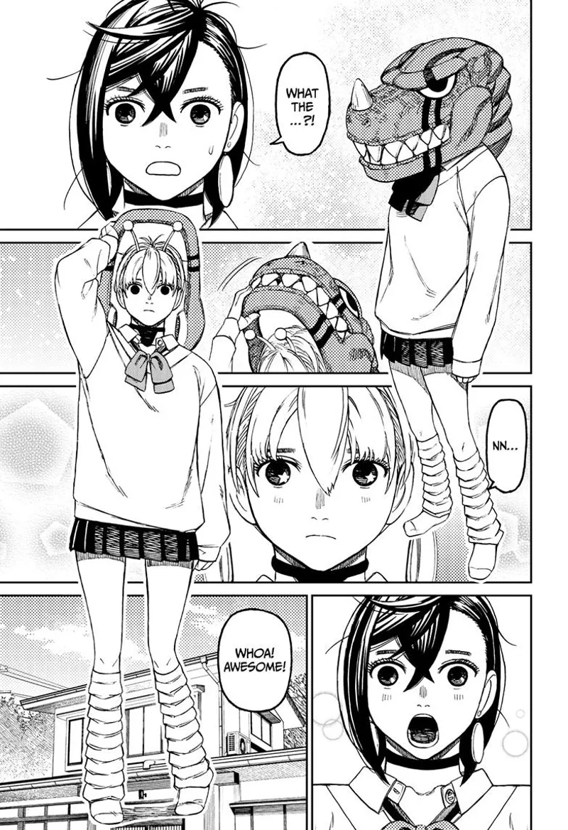 Momo is surprised after seeing Vamola suddenly dressed up in a uniform like her while wearing the Kaiju head.