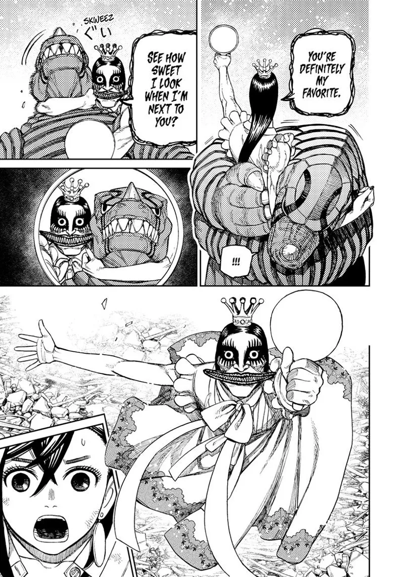 The ugly ghost lady raises her mirror and chokes Kaiju Vamola.