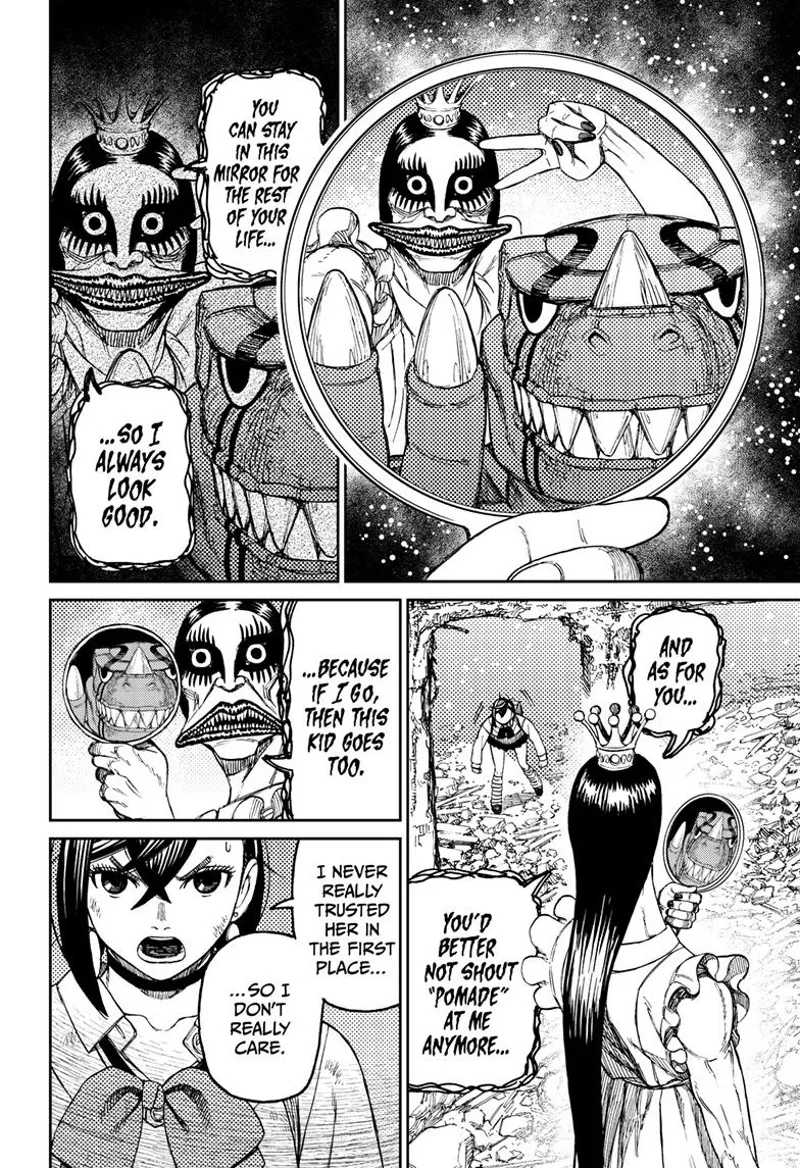 The ugly ghost lady imprisons Kaiju Vamola inside her mirror.