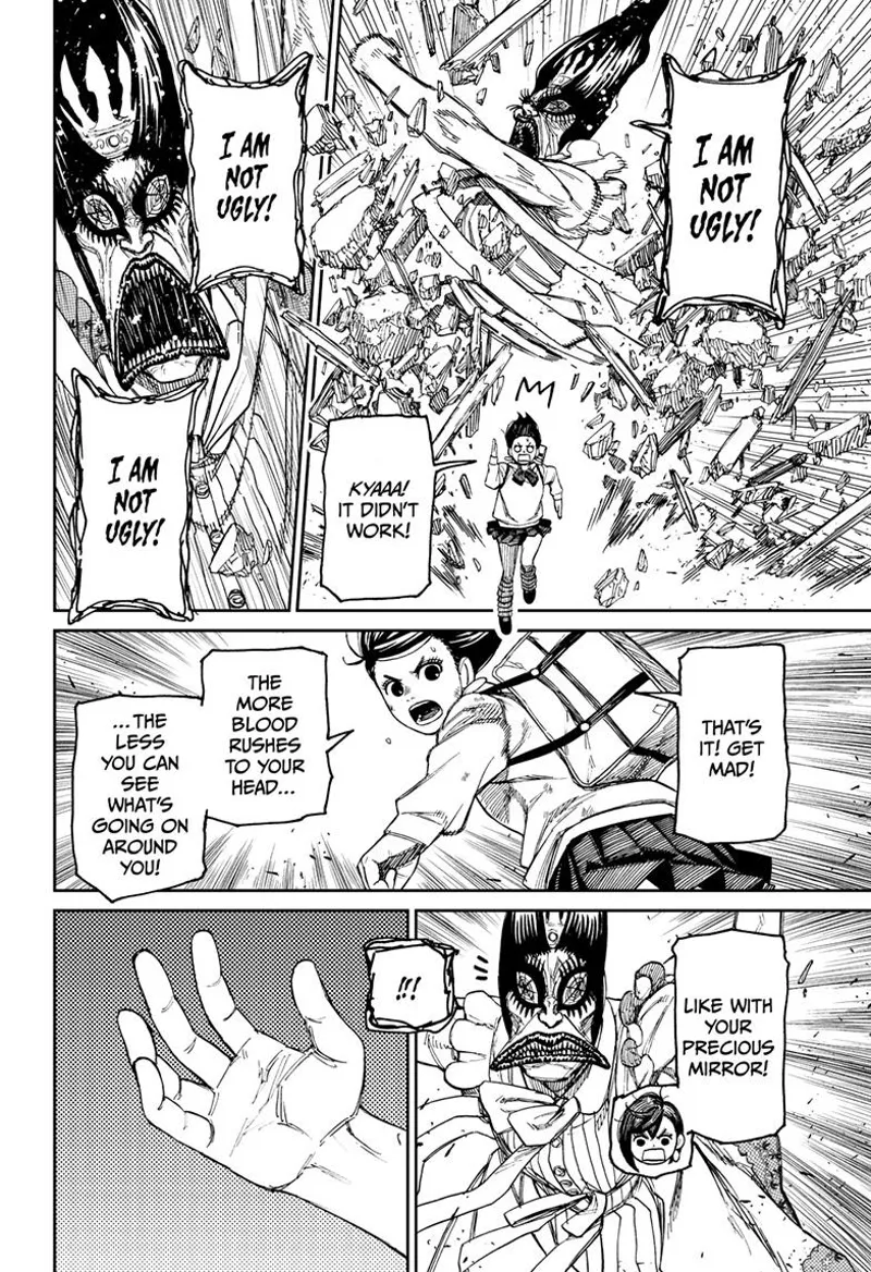 Momo runs as the ugly ghost lady gets mad and attacks her. The ghost notices her mirror is missing.