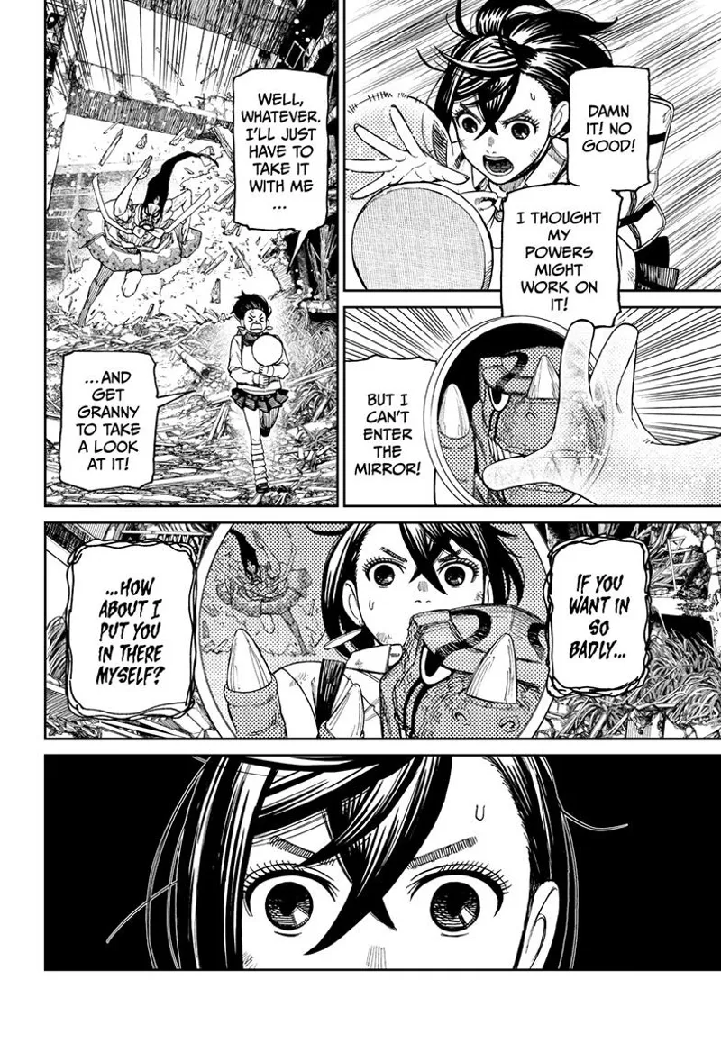 Momo tries to use her powers in the mirror, but he can't. The ugly ghost lady keeps chasing her.