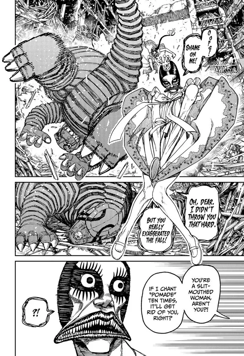 The ugly ghost lady sends Kaiju Vamola to the ground.