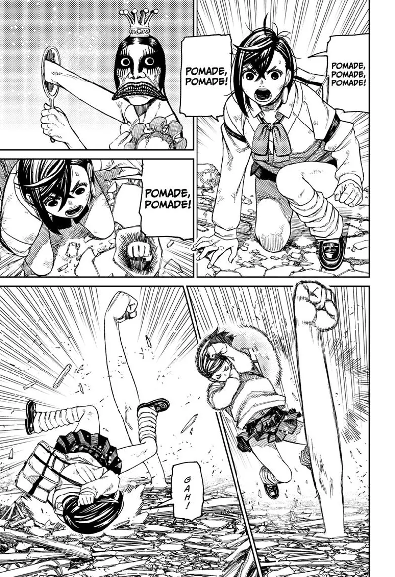 Momo gets up and chants "Pomade." An arm suddenly appears below Momo as the ugly ghost lady attacks her.