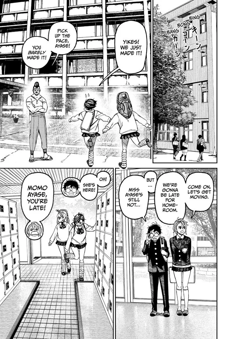 Momo and Vamola arrive at school running. Their teacher waits for them, and Momo and Aira also wait for them.