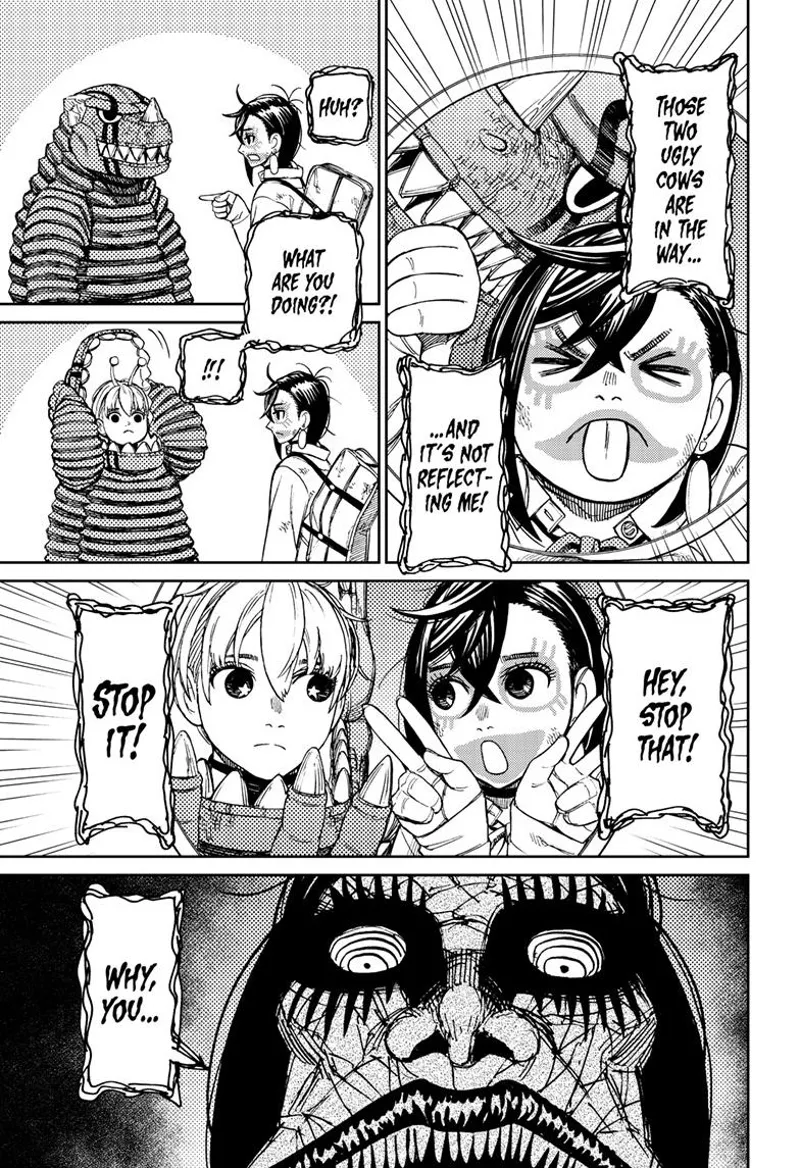 Momo and Vamola make some faces and cover the whole mirror, blocking the ugly ghost lady's view.