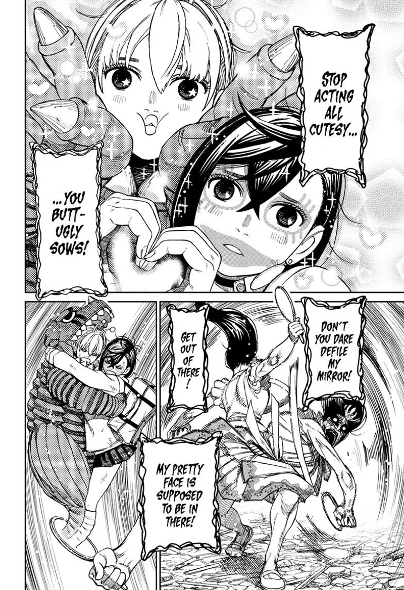 Momo and Vamola make the cutest faces. The ugly ghost lady gets extremely angry and smashes her mirror to the ground.