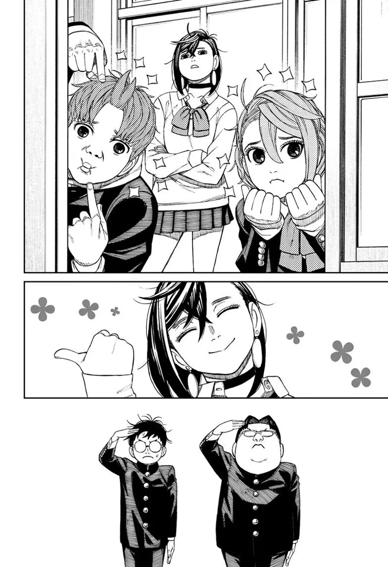 Momo stands at the door entrance while Jiji and Aira make cute faces. Okarun and Kinta salute them.