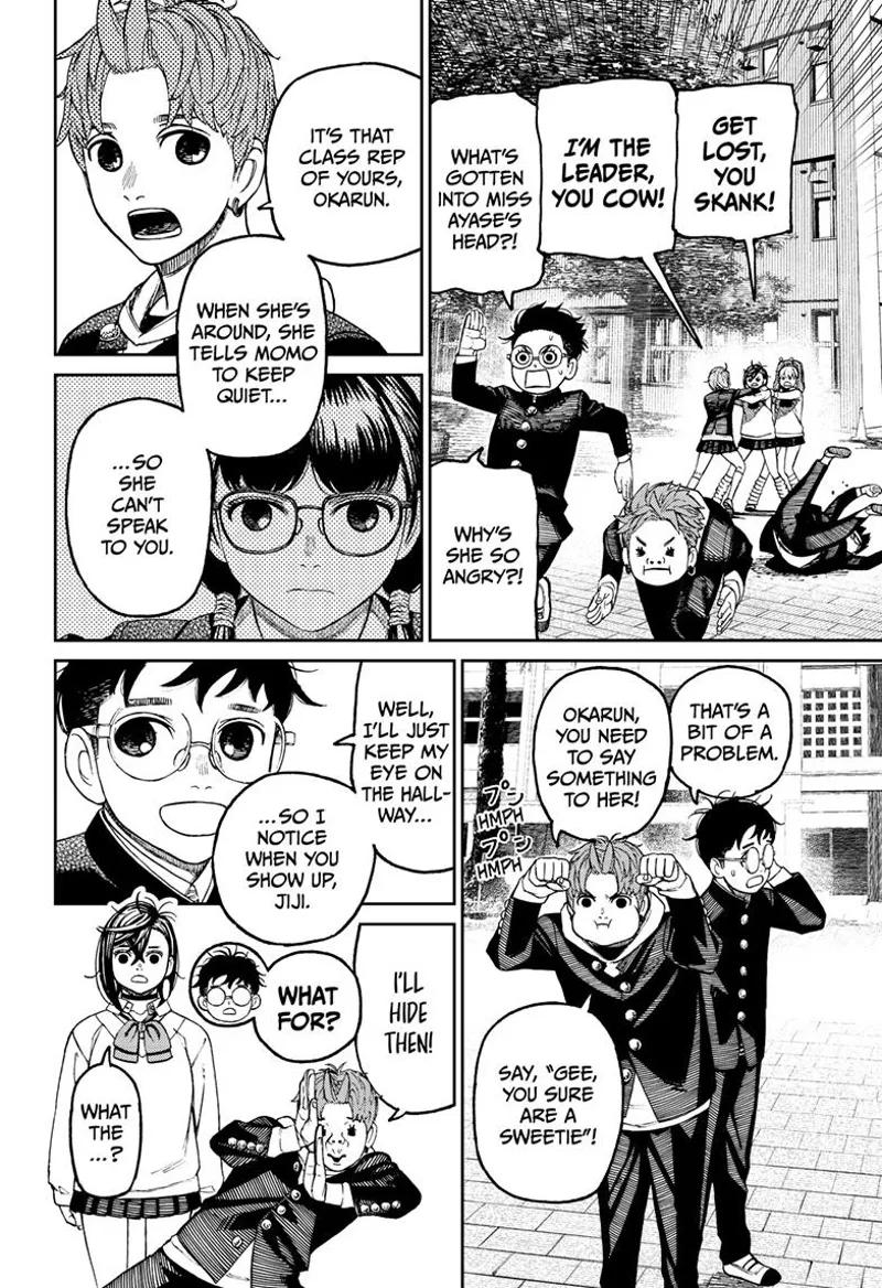 Okarun runs as Aira and Vamola stops Momo. Jiji tells Okarun that their class rep prevents Momo from speaking to him.