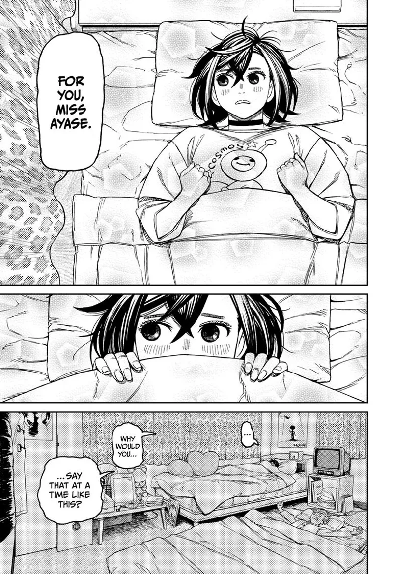 Momo covers herself under the blanket after hearing what Okarun said.