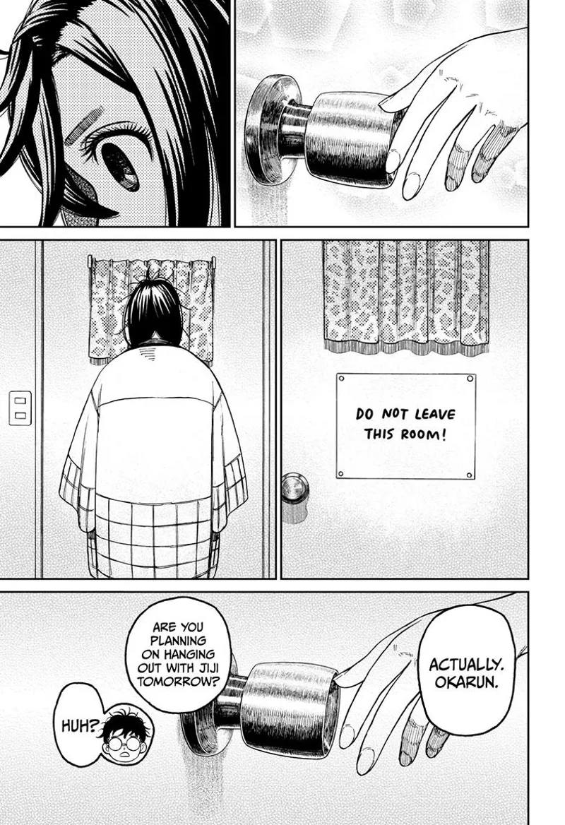 Momo stands in front of the door; her hand is about to hold the door knob.