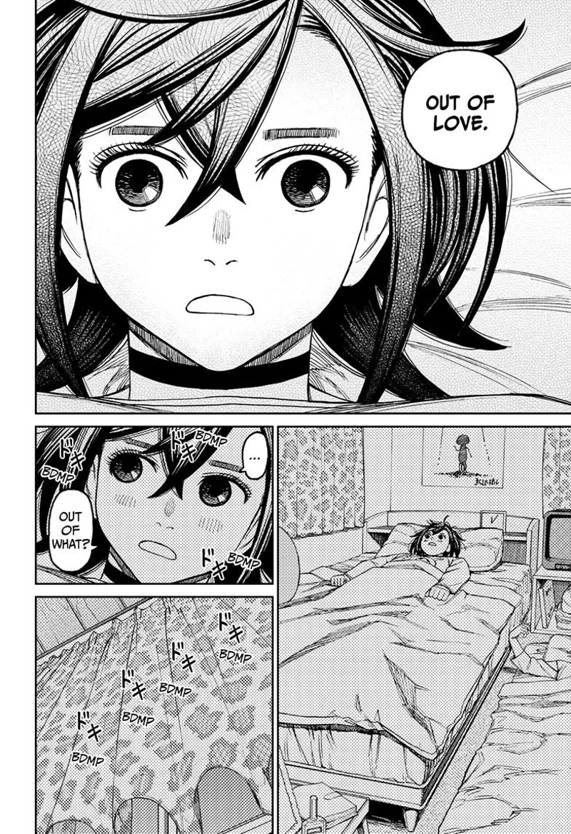 Momo wonders what Okarun just said about love. She stays in bed and hears something.