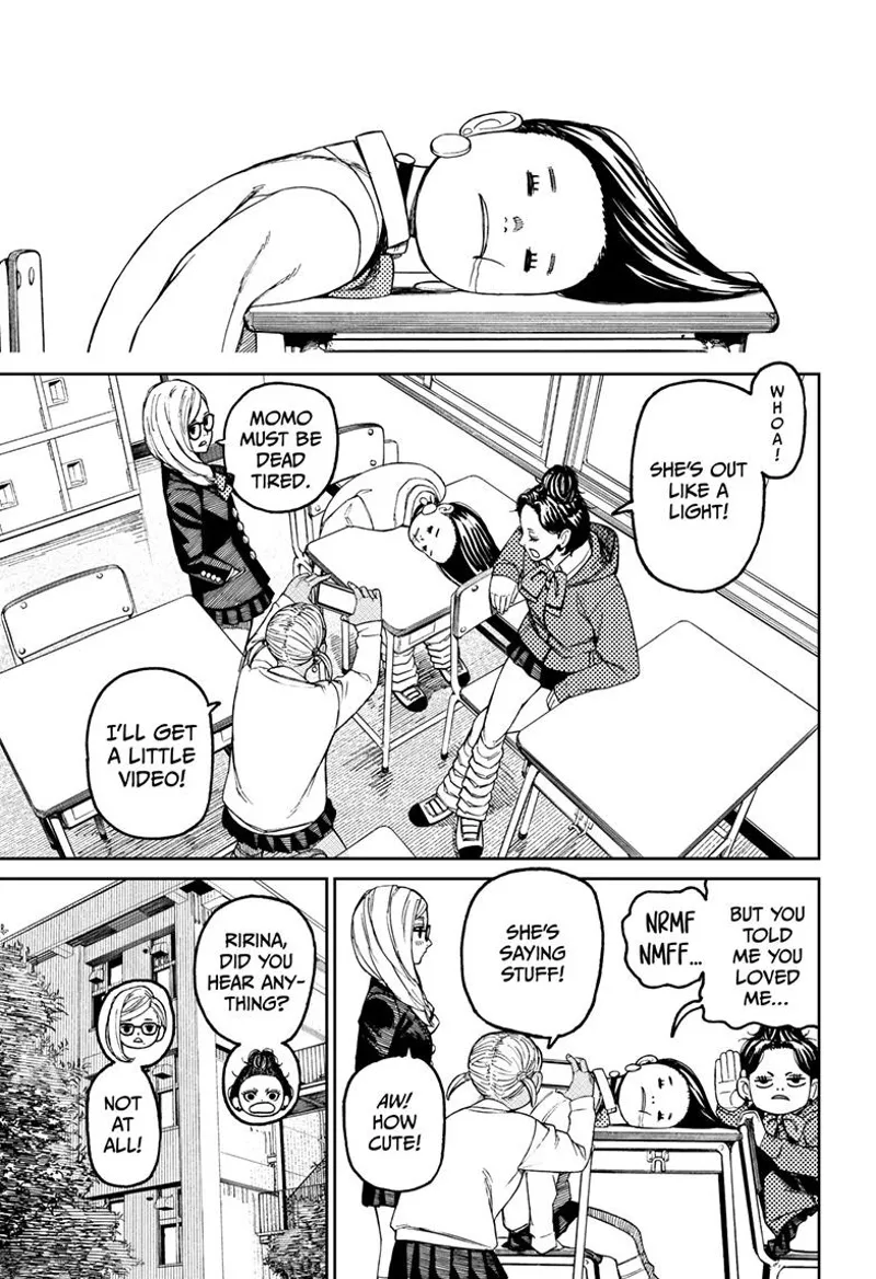 Momo sleeps on her table while drooling, and her friends take a video of her.