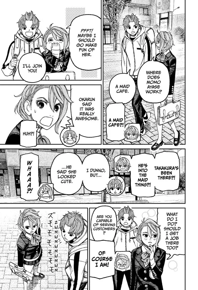 Aira walks with Jiji. She asks about Momo's part-time job. Suddenly, they hear something.