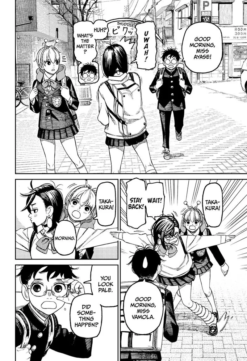 Okarun arrives and greets both ladies with a "Good Morning." Momo blocks him from Vamola.