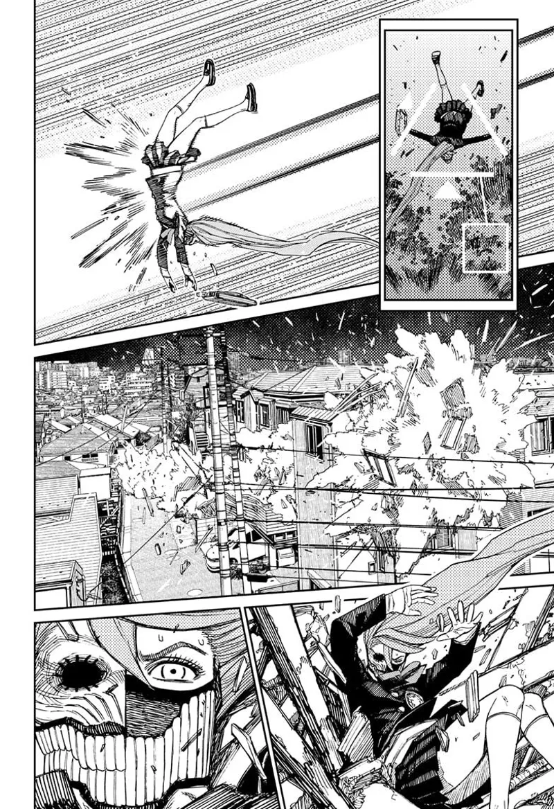 Cursed Aira falls, gets locked down, and is hit by a laser, smashing her through the houses.