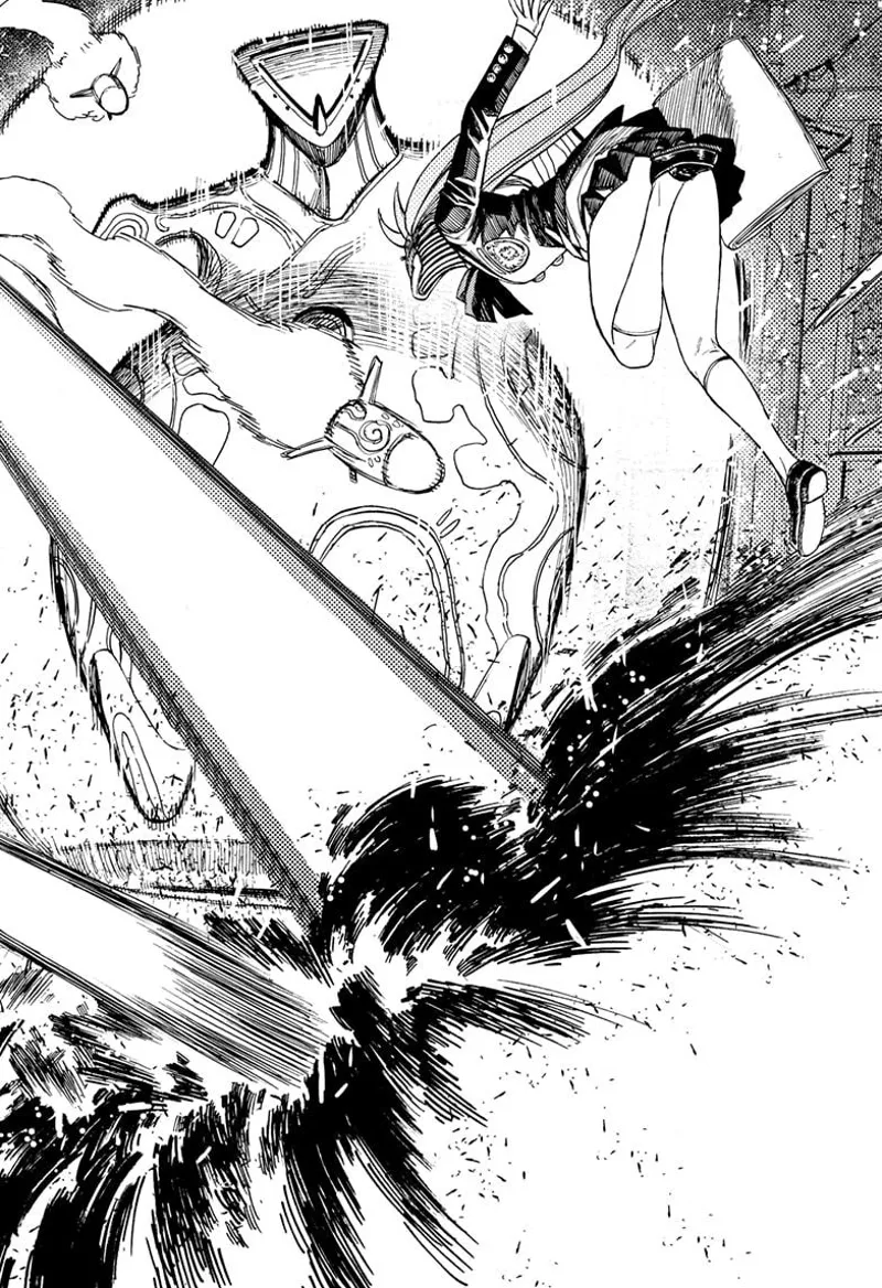 Cursed Aira jumps and dodges the missiles and laser beams of the aliens.