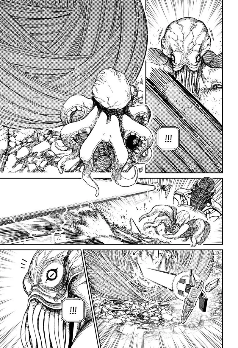 Thick strands of hair suddenly block the octopus from going forward. The sniper hits it with his beam.