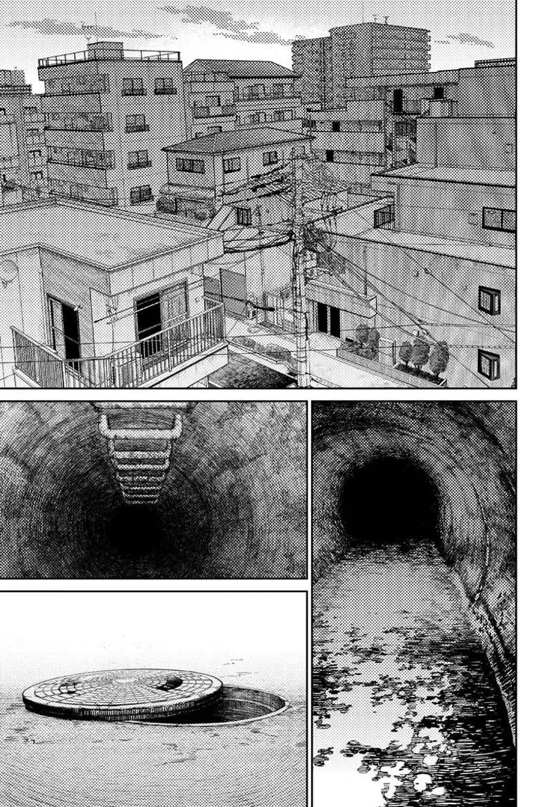 A quiet city. An undergound sewage with a ladder going up. The manhole cover on the street opens.