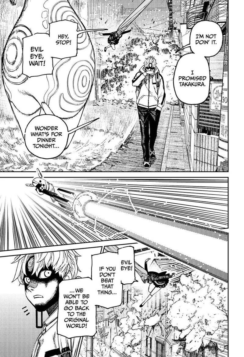 Evil Eye walks away. Cursed Aira dodges the aliens' attacks.