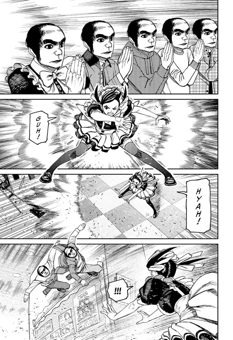 The creepy men chant, but Momo deflects their attacks.