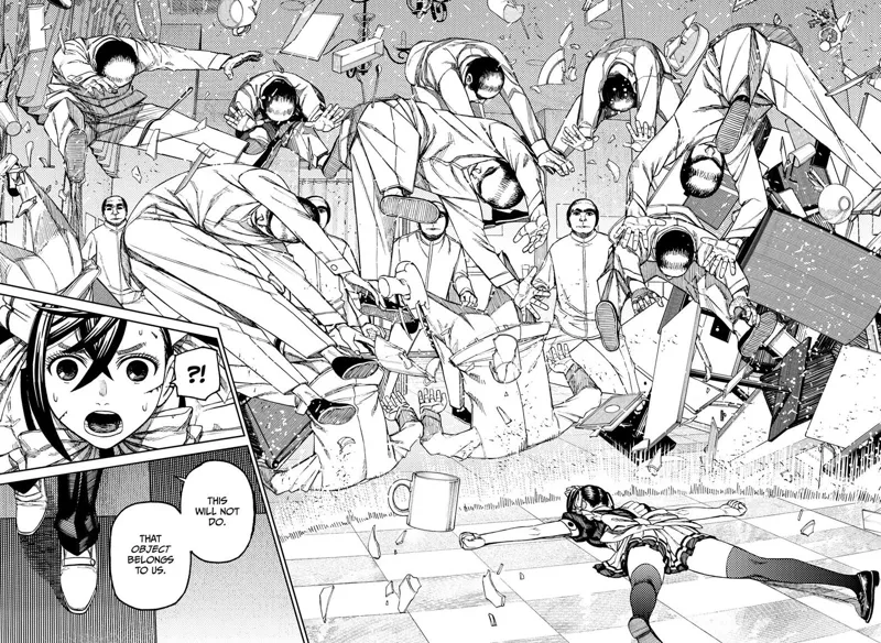 The creepy men suddenly get blown away as another character appears and wants Momo for themselves.